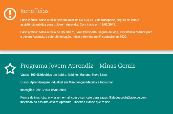 Vale tem inscrições abertas para 100 vagas de jovem aprendiz em Minas Gerais