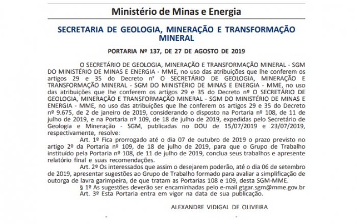 MME prorroga o prazo para discussão sobre lavra garimpeira