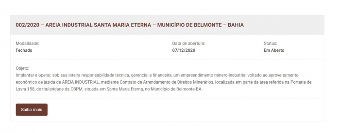 CBPM abre concorrência para interessados em mina de areia silicosa em Belmonte