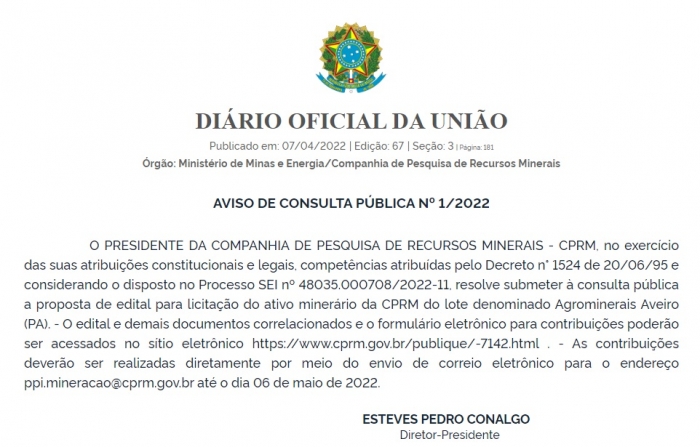 Projetos Agrominerais Aveiro, Diamante Santo Inácio e Ouro Natividade terão audiência pública