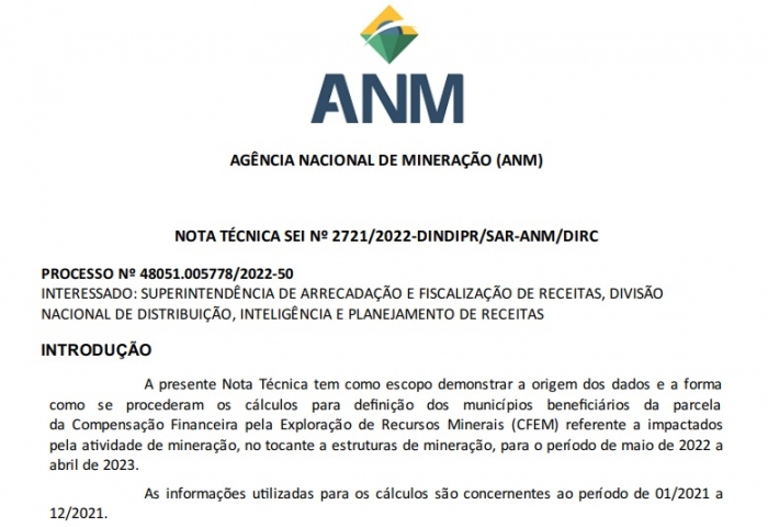 ANM divulga lista de municípios afetados indiretamente pela mineração para efeito da CFEM