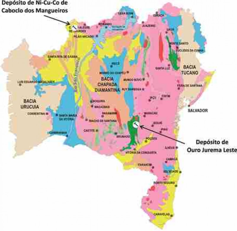 Mapa geológico da Bahia com destaque para os projetos apresentados no evento (ilustração:CBPM)