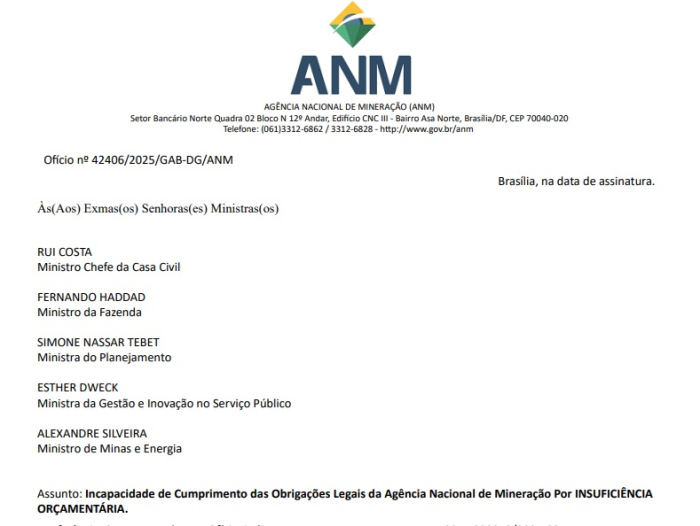 ANM não dispõe de recursos para manter suas atividades legais a partir de outubro 